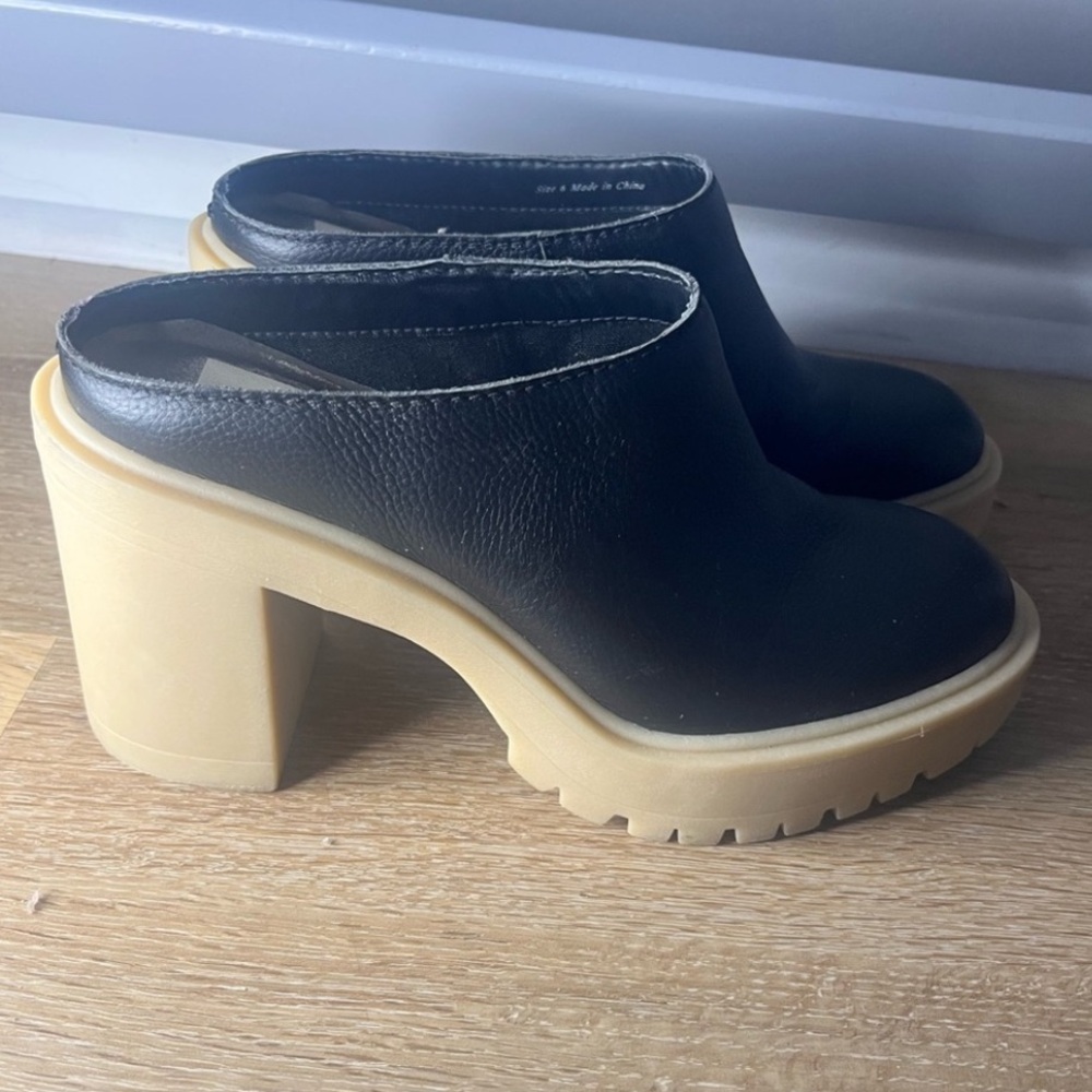 Dolce Vita Black Leather Mules with Tan Platform Heel